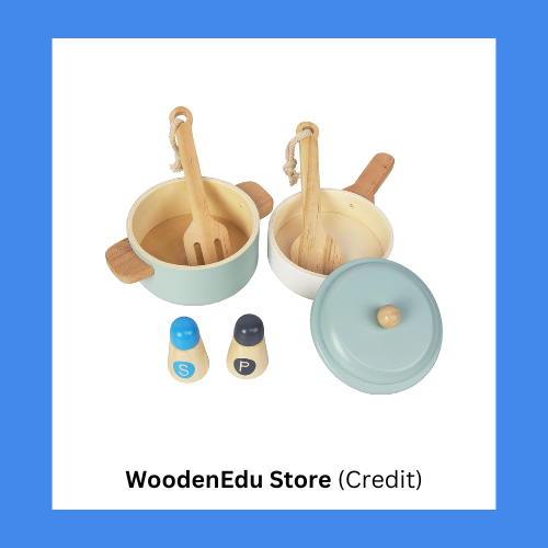 WoodenEdu Wooden Kitchen Pots, Pans, And Utensils Play Set