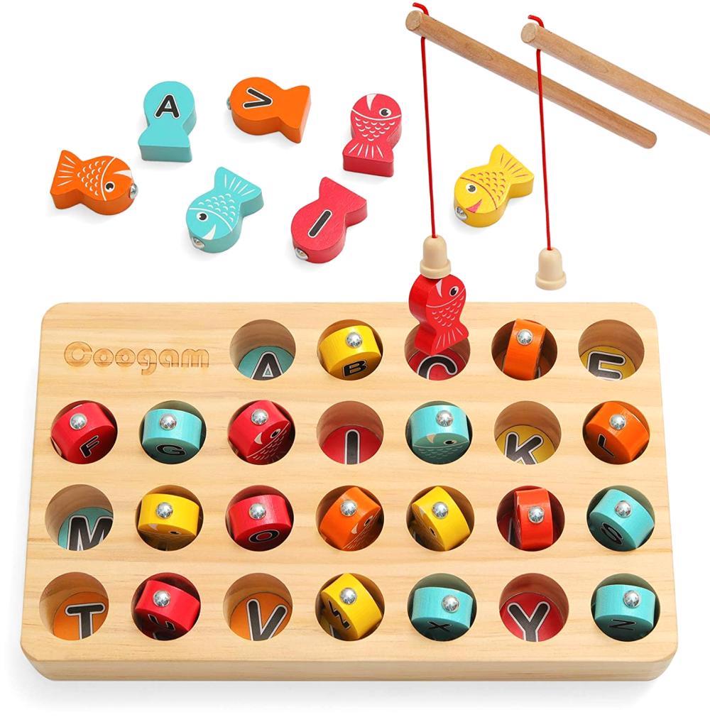 coogam wooden magnetic alphabet fishing game