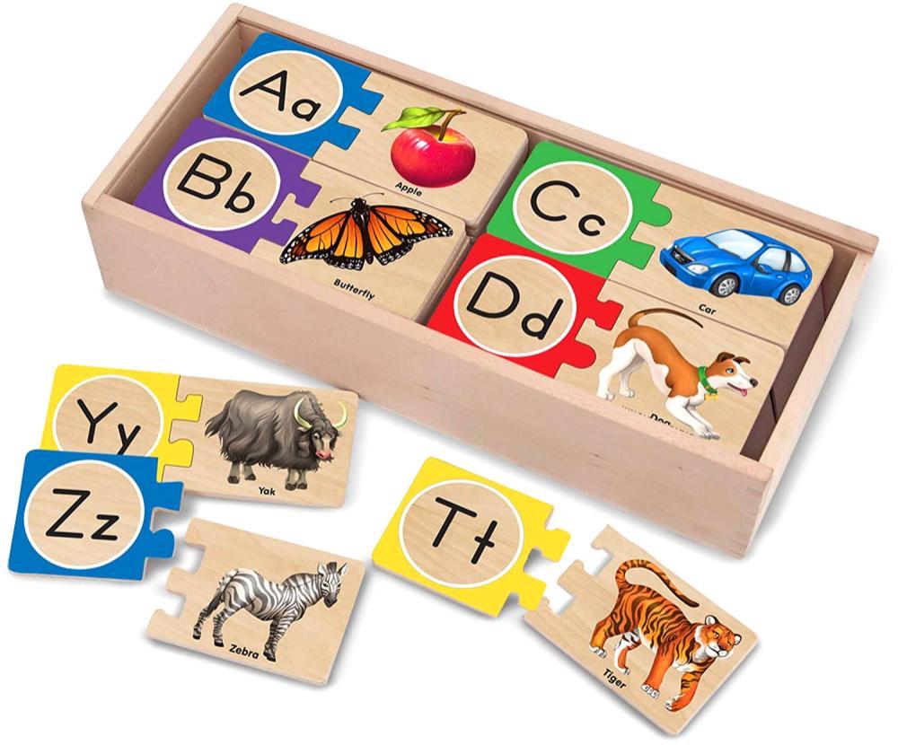 melissa and doug self correcting alphabet wooden puzzles and storage box