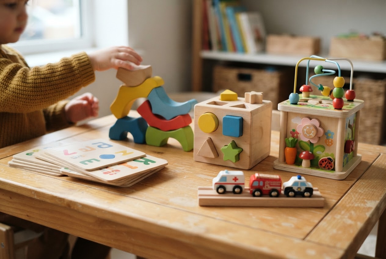 Close-up of wooden learning toys, blocks, puzzles, vehicles and activity cube